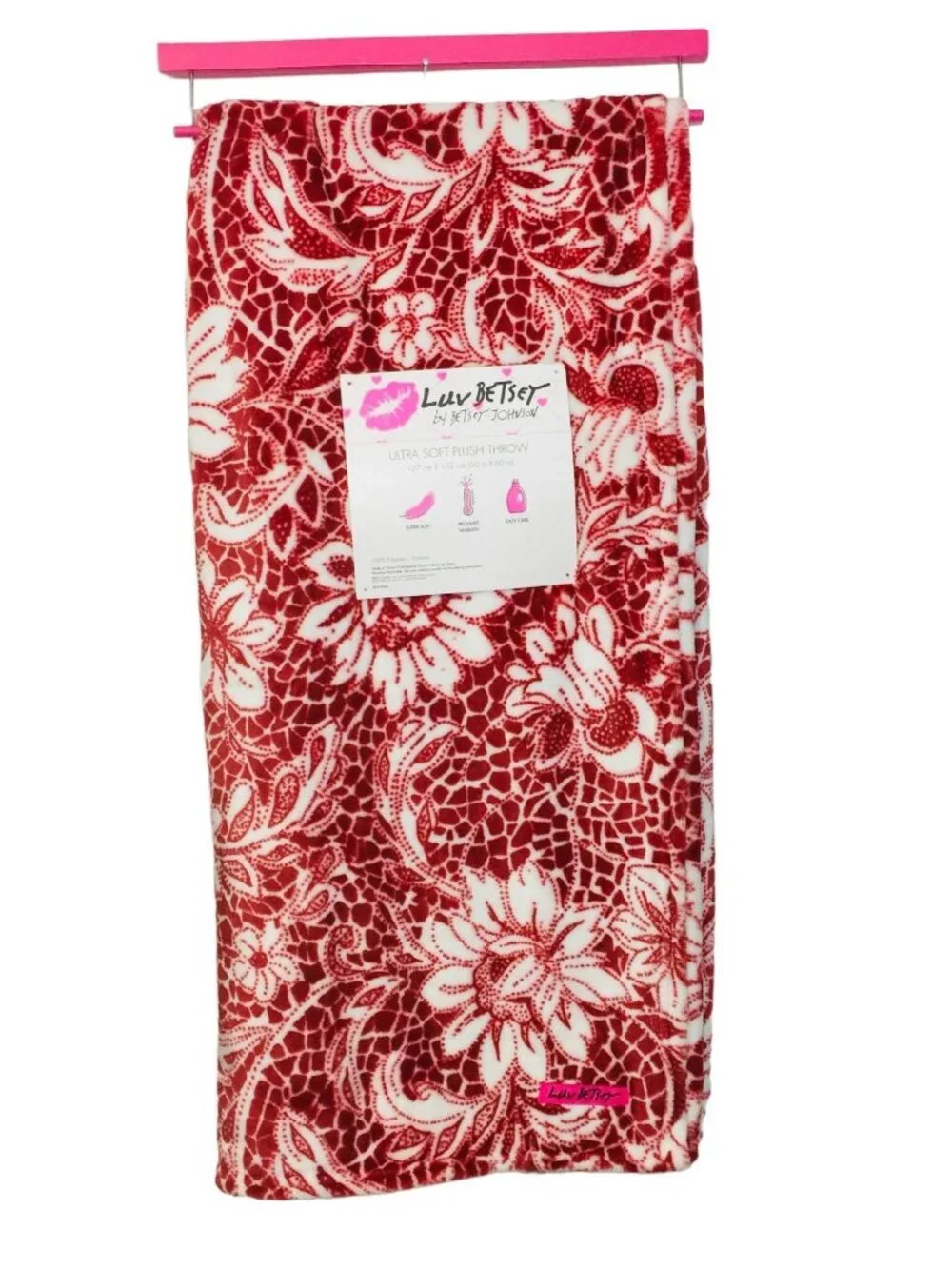 Betsey Johnson Plush Throw Red Off White Floral Throw 50